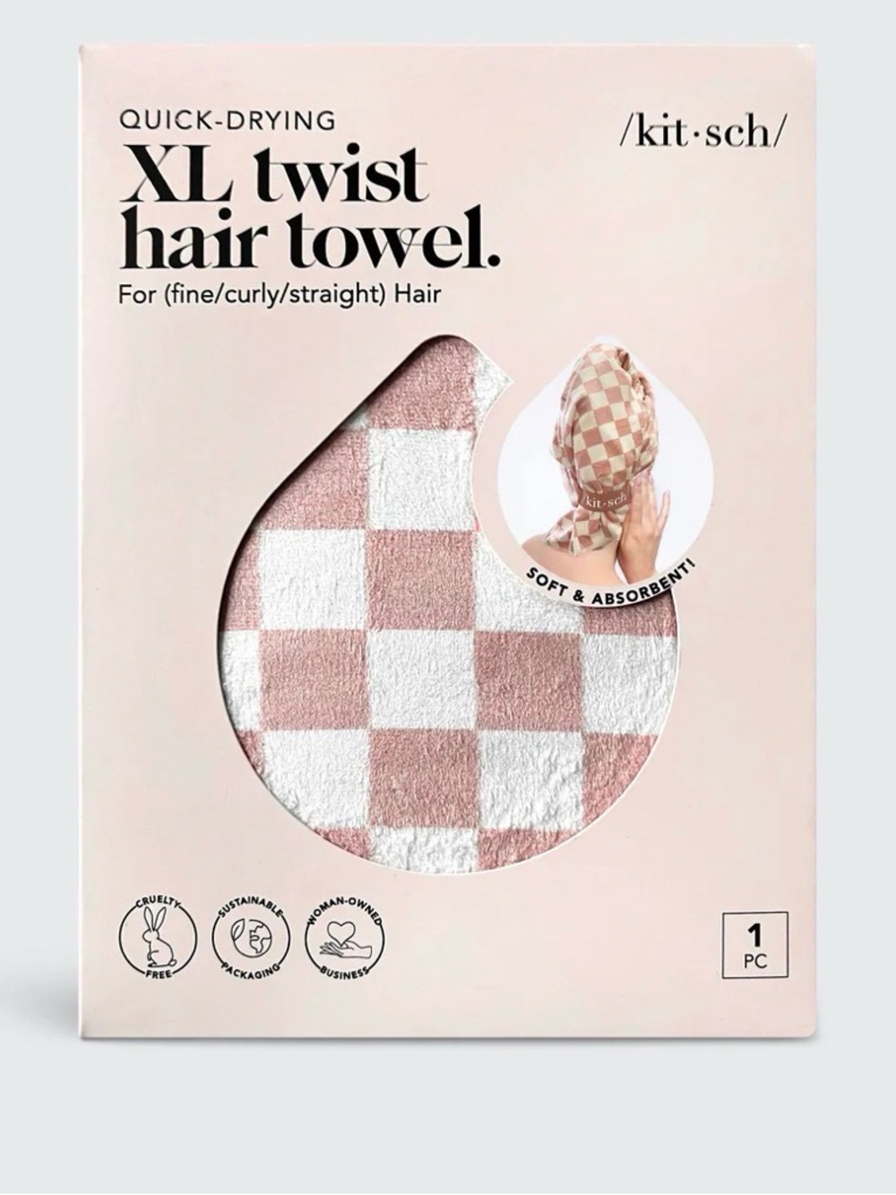 Kitsch Pink and White Check XL Twist Hair Towel